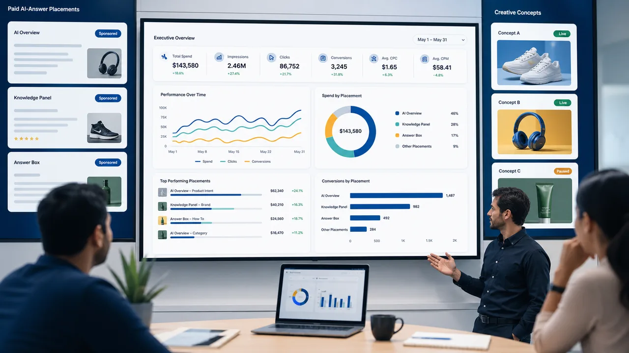 AI answer campaign dashboard with spend, impressions, clicks, conversions, and creative concepts