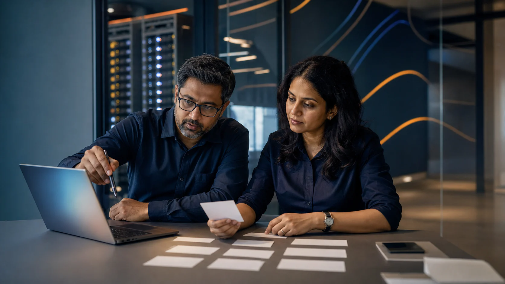 Indian technical SEO lead reviewing a crawler access policy beside abstract server traffic views