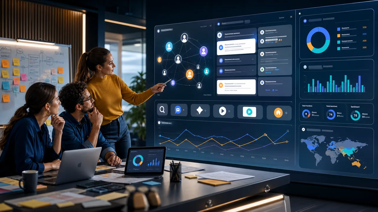 AI visibility strategy dashboard with answer placements, community signals, and campaign reporting