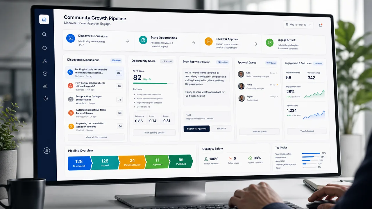 Community growth dashboard showing discovery, scoring, approval, and engagement tracking
