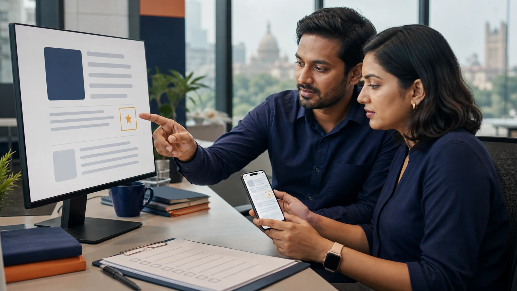 Indian product manager and editor reviewing a preferred-source control on desktop and mobile article layouts