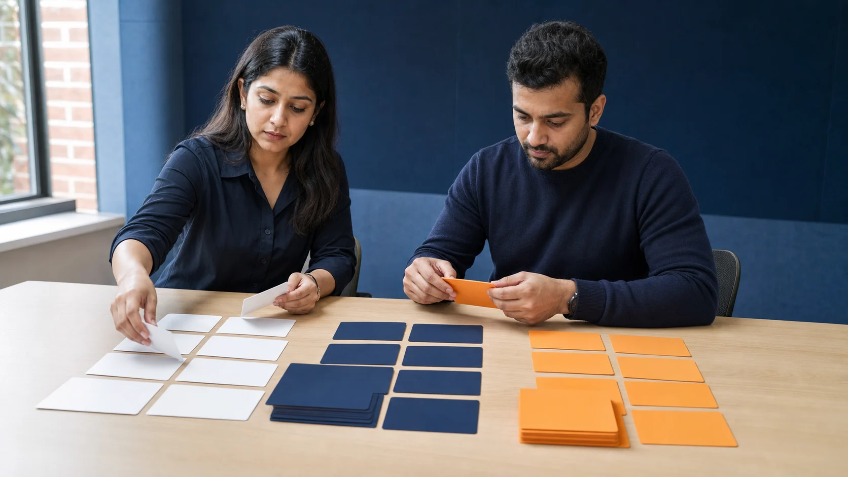 Two content specialists sorting blank page cards into groups for consolidation