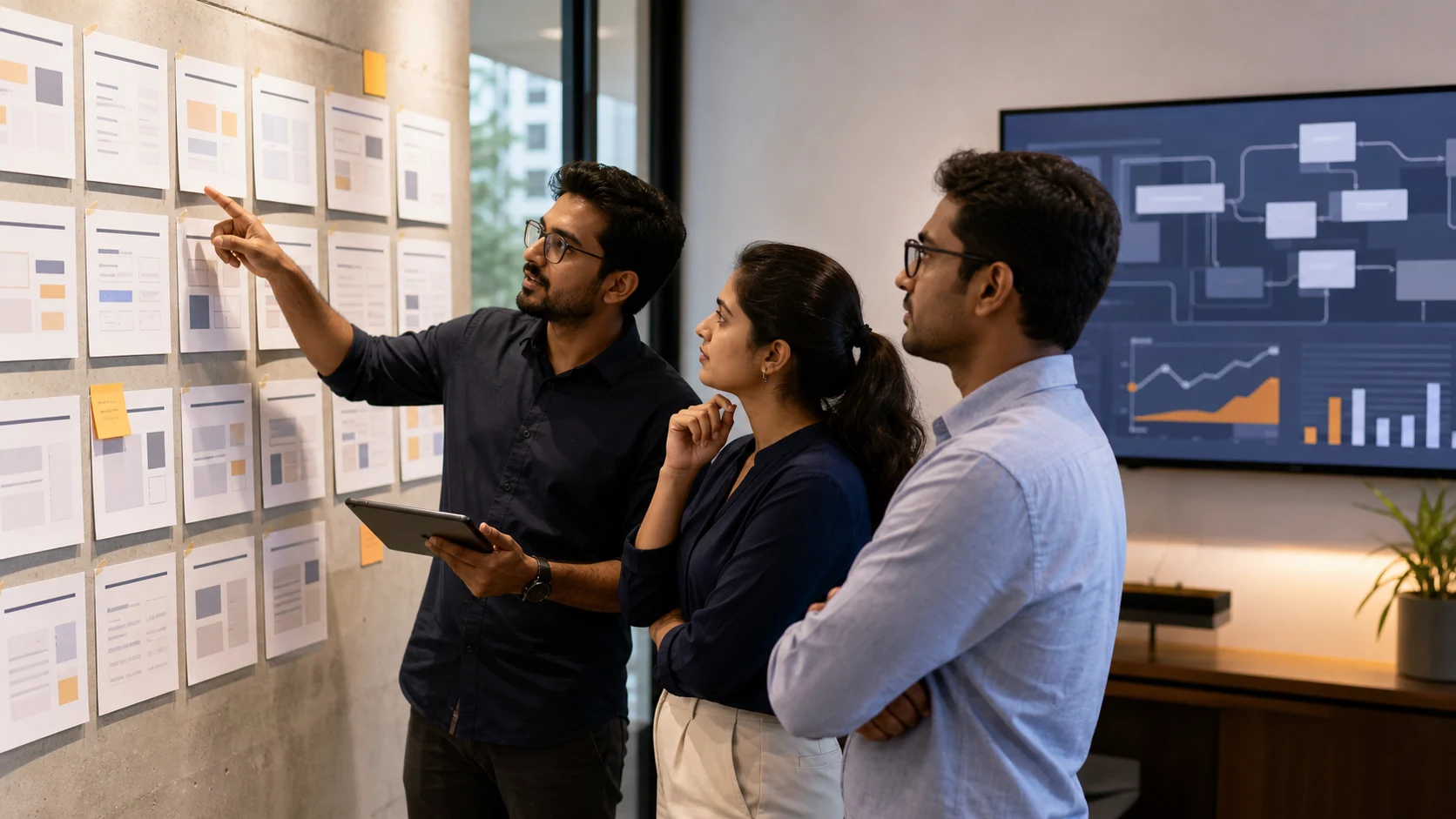 Indian SEO team reviewing a wall of content page cards and abstract crawl flows