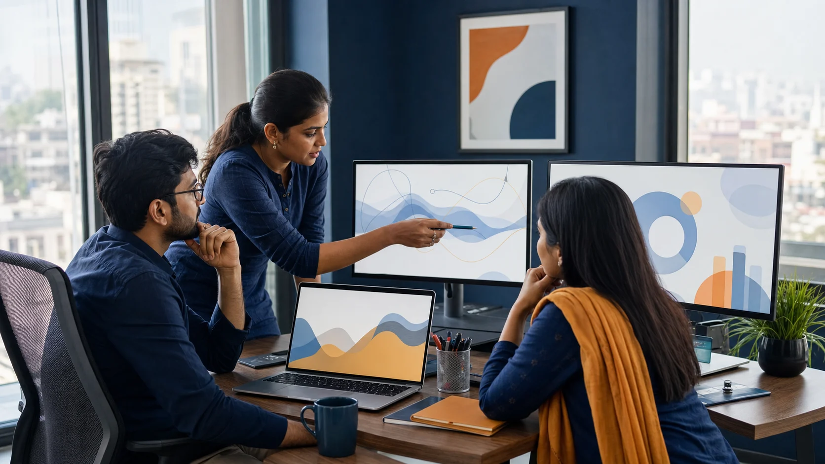 Indian digital strategy team reviewing abstract cross-channel performance visuals in a Delhi office