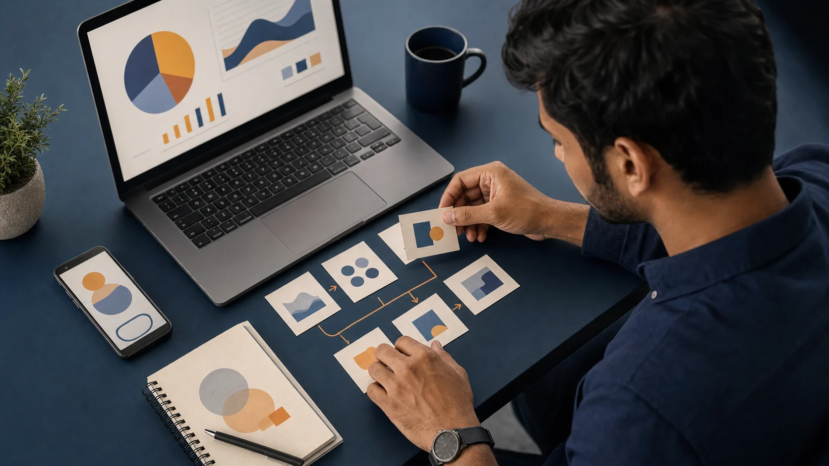 Analyst arranging a cross-channel search measurement workflow beside abstract analytics screens