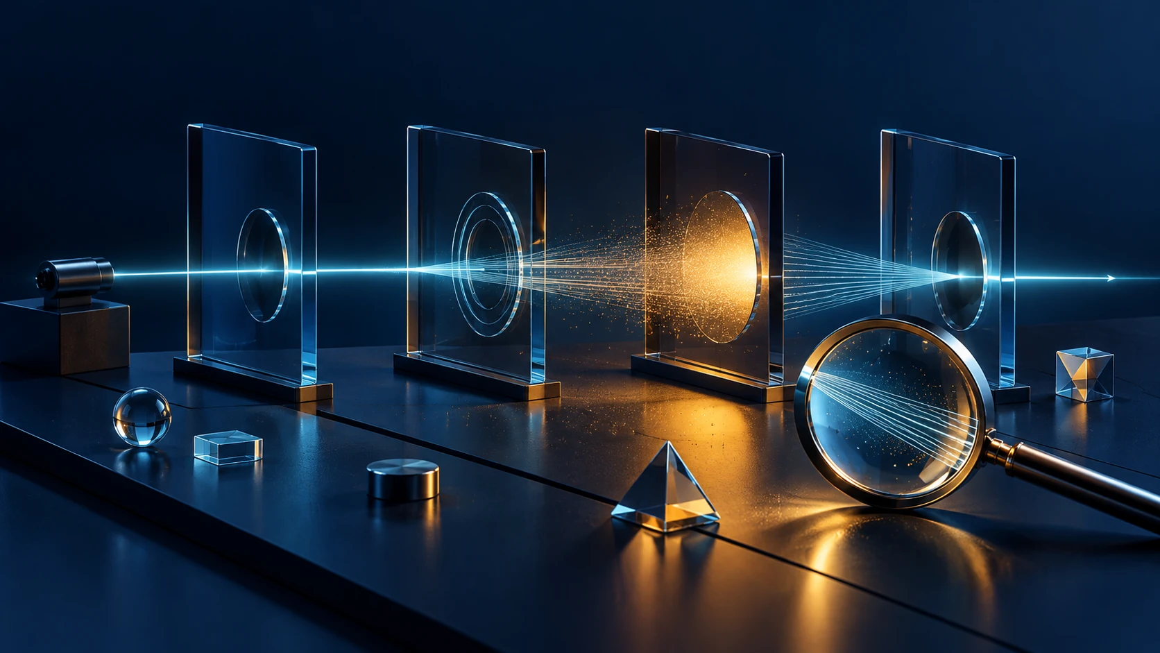 A beam crosses four glass diagnostic gates, with an amber disturbance highlighting a weak link.